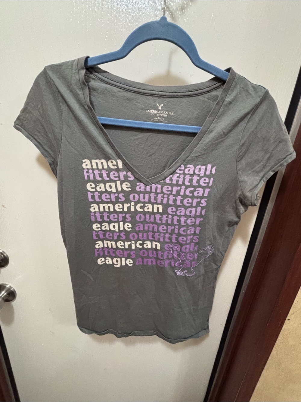 American Eagle Outfitters Gray V-Neck Tee with Purple Logo Stack